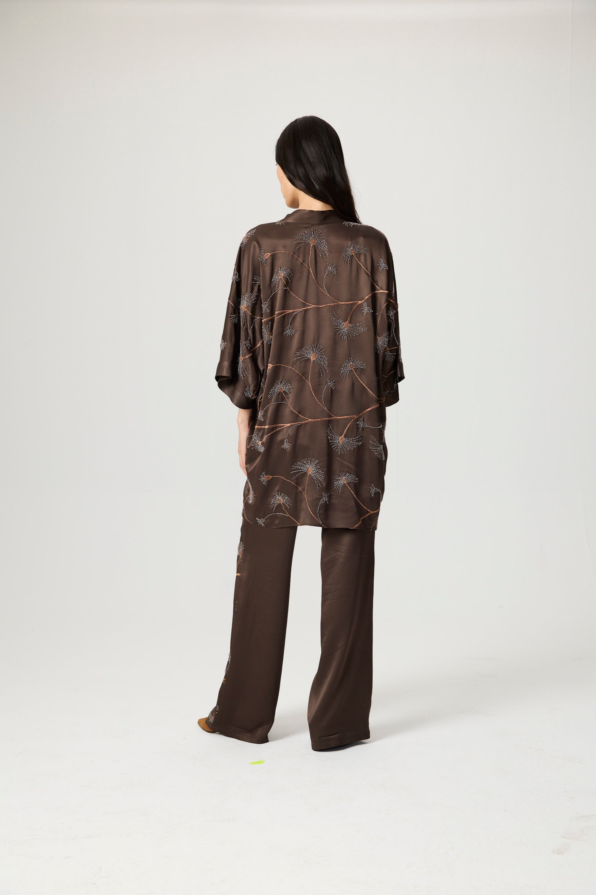 Coffee Beaded Embellished Kimono