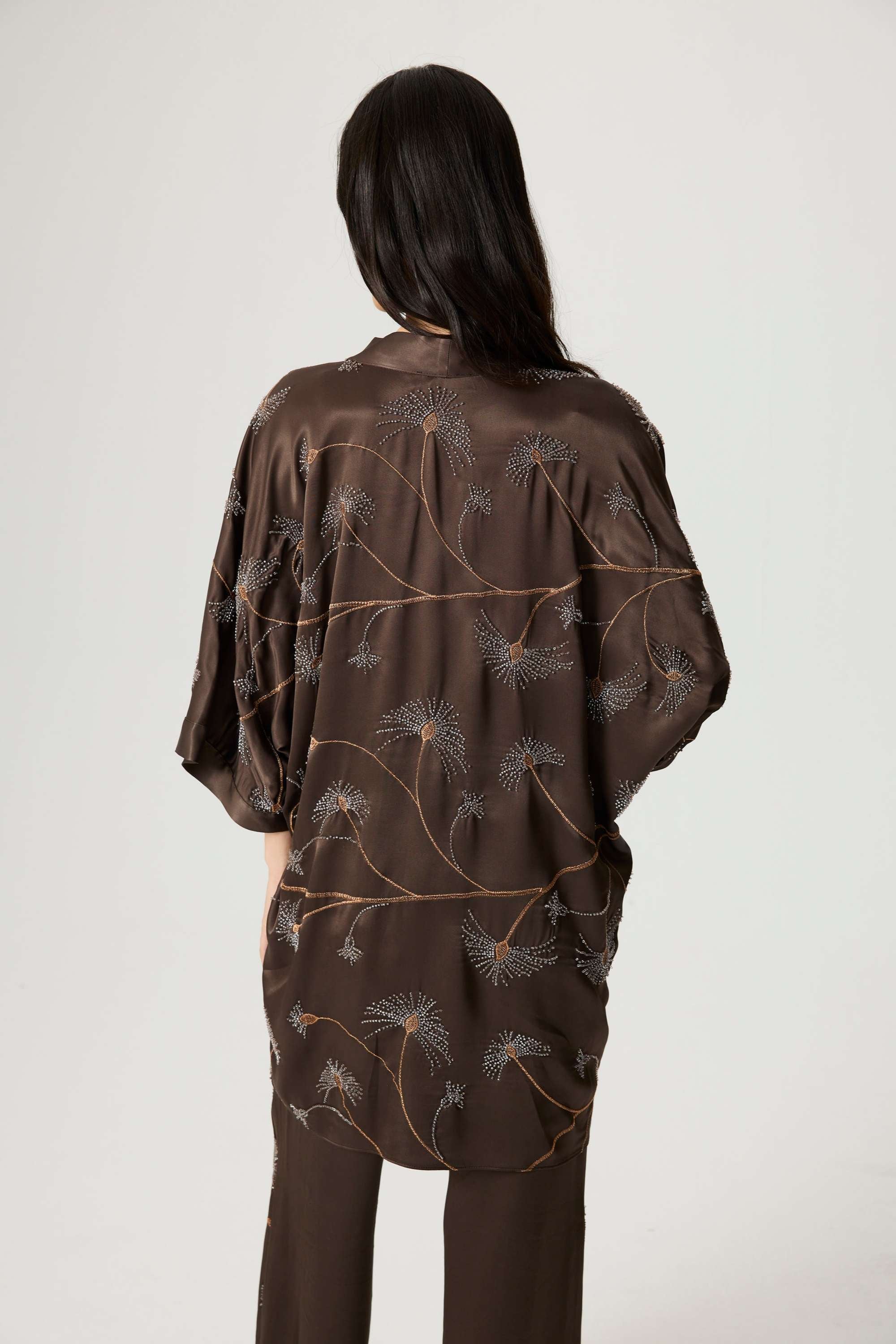 Coffee Beaded Embellished Kimono