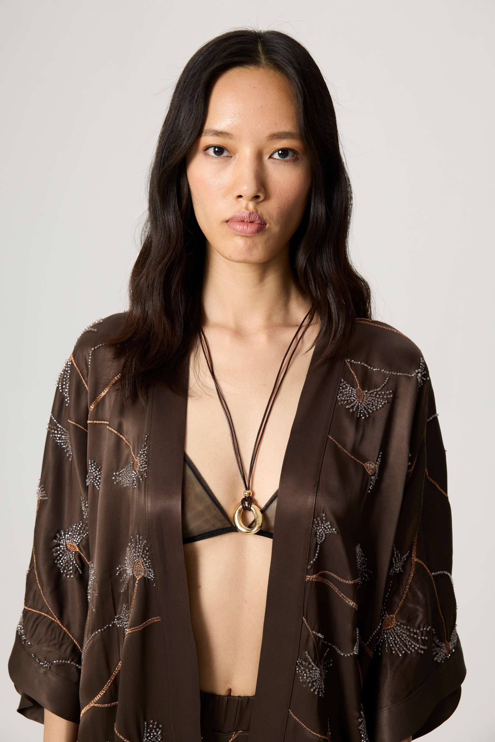 Coffee Beaded Embellished Kimono