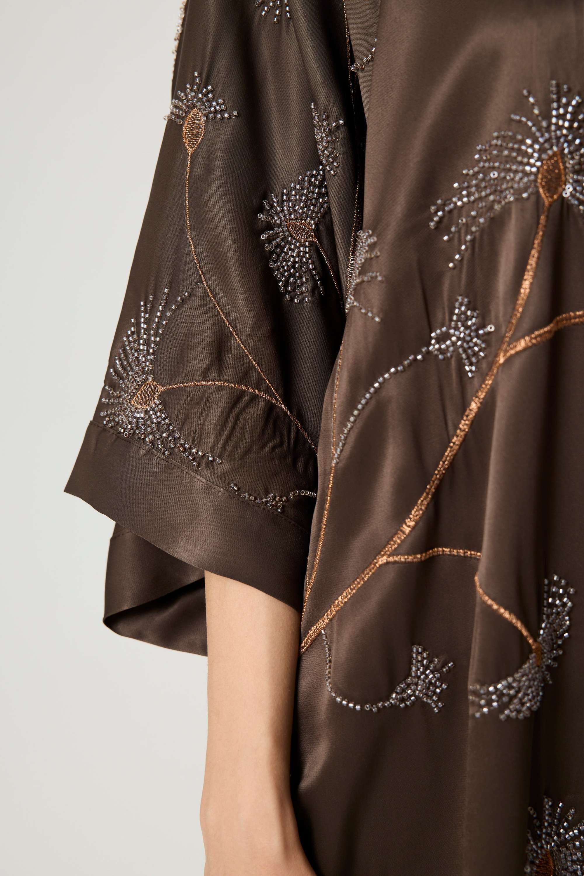 Coffee Beaded Embellished Kimono