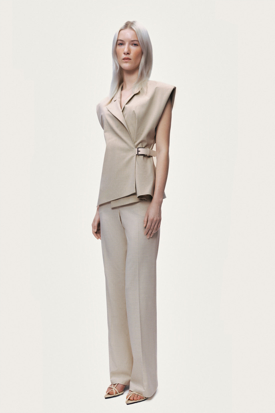 Belted Double-Breasted Sleeveless Woven Vest
