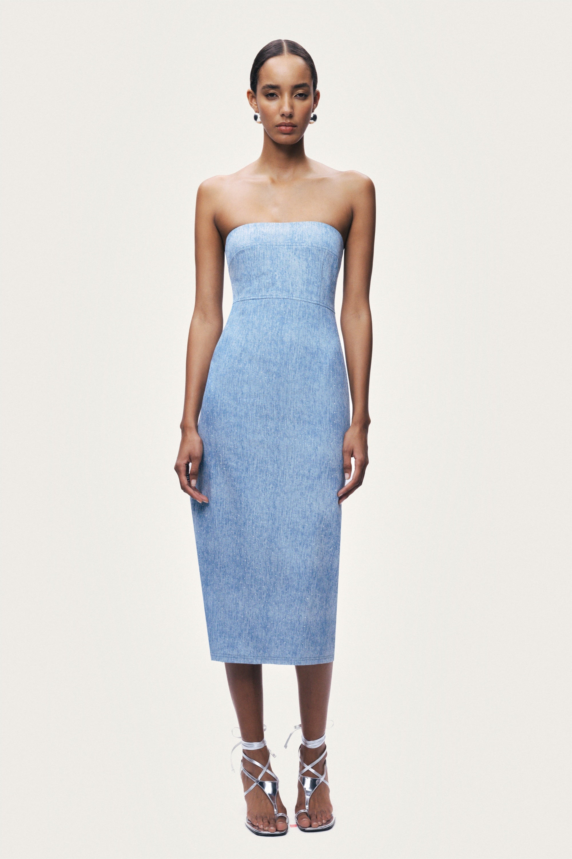 Stone Detail Strapless Midi Dress