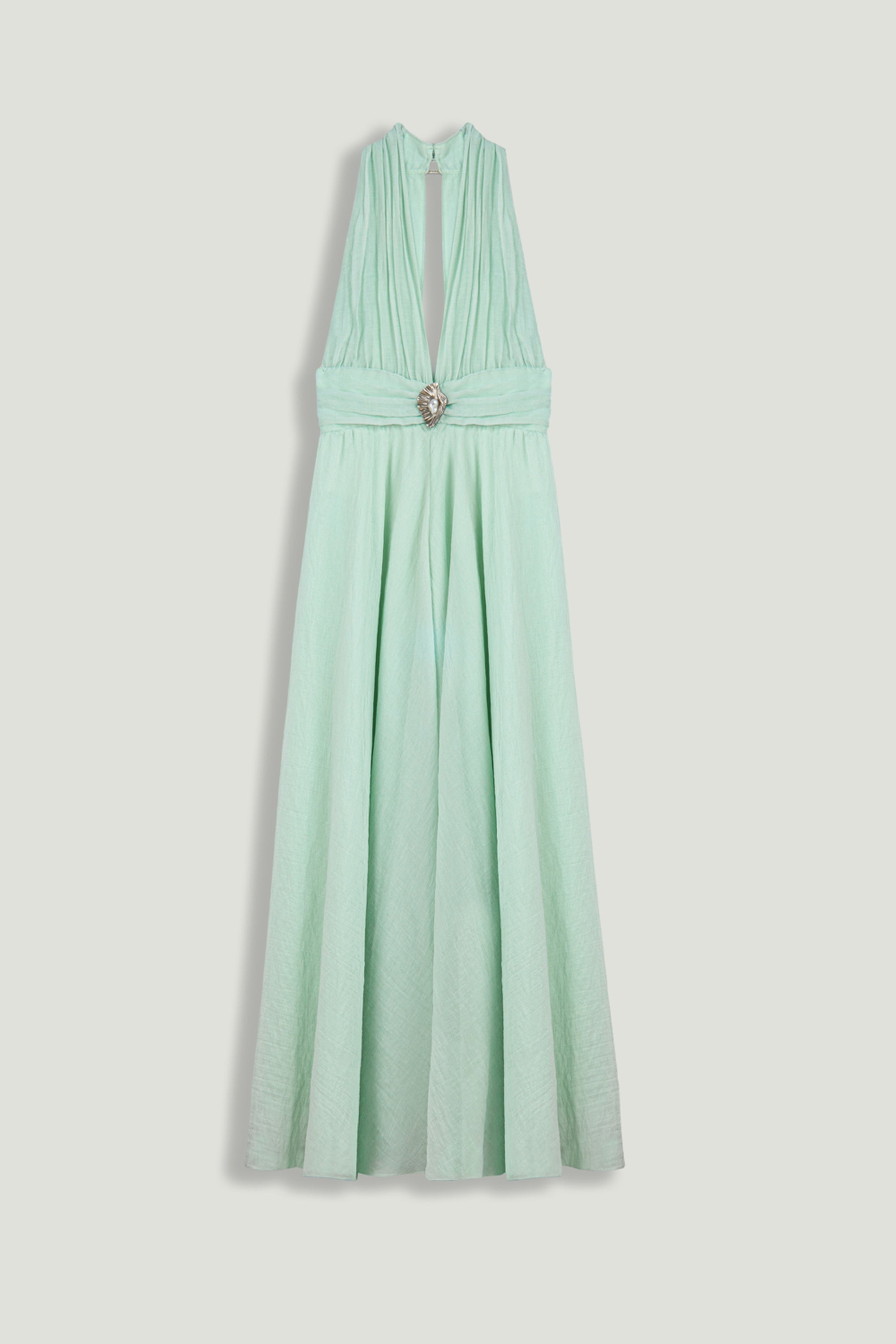 Pleated Halterneck Maxi Dress with Brooch Detail
