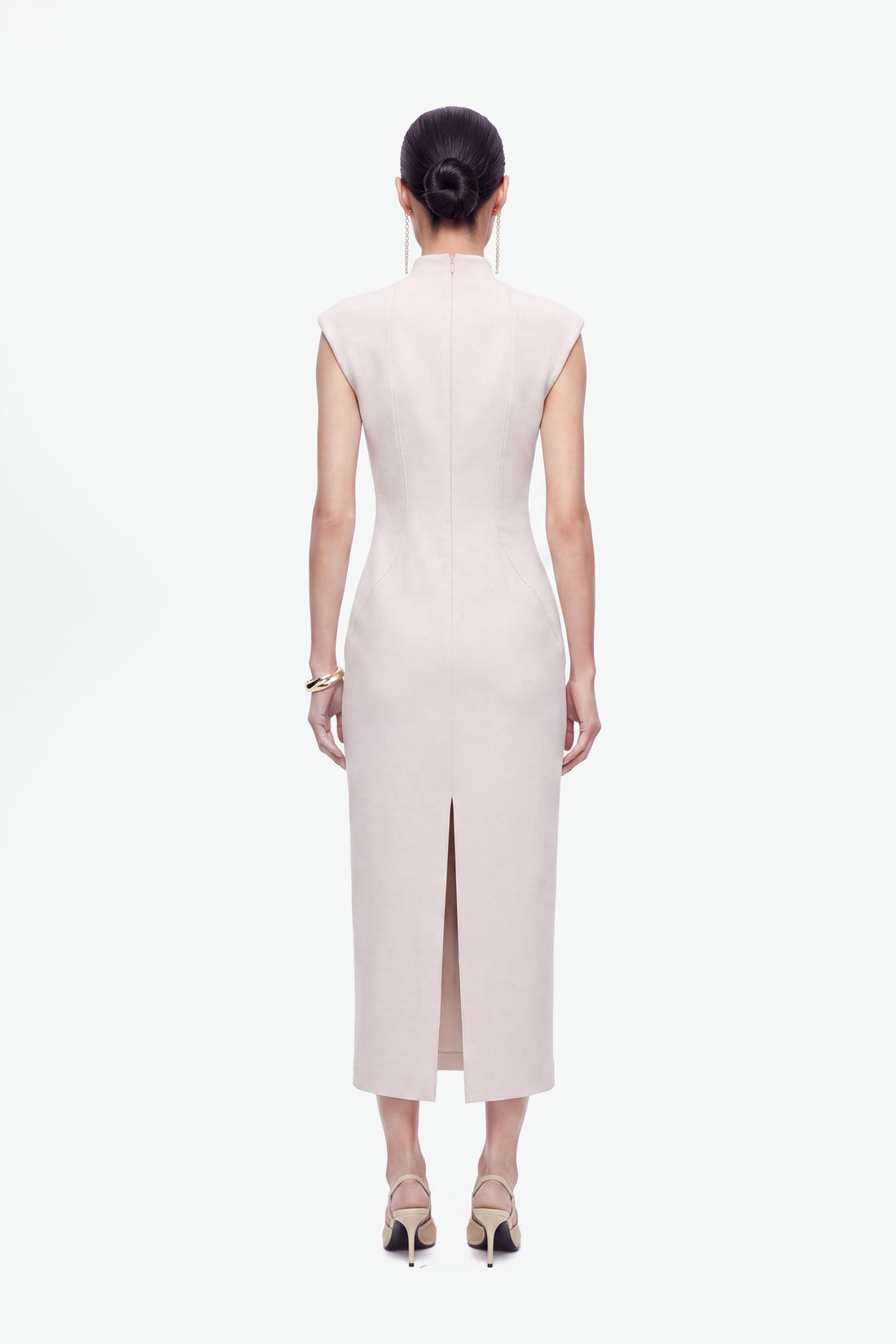 Padded-Shoulder Button-Detail Maxi Dress