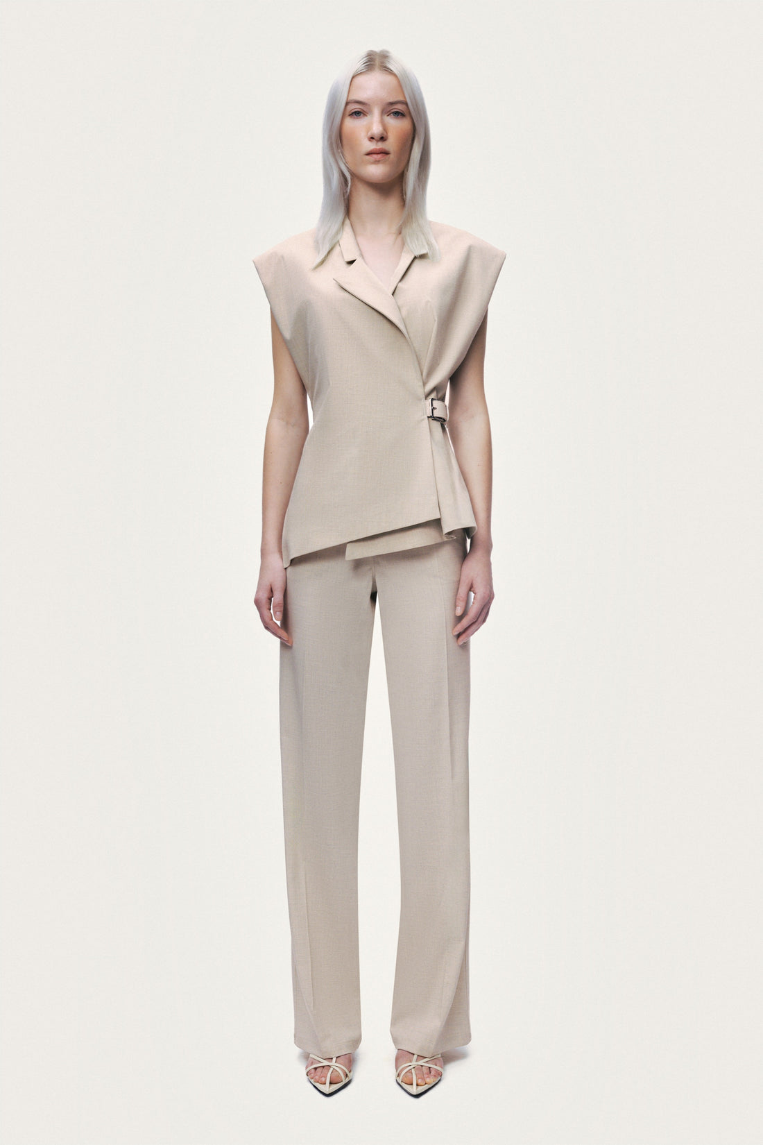 Belted Double-Breasted Sleeveless Woven Vest