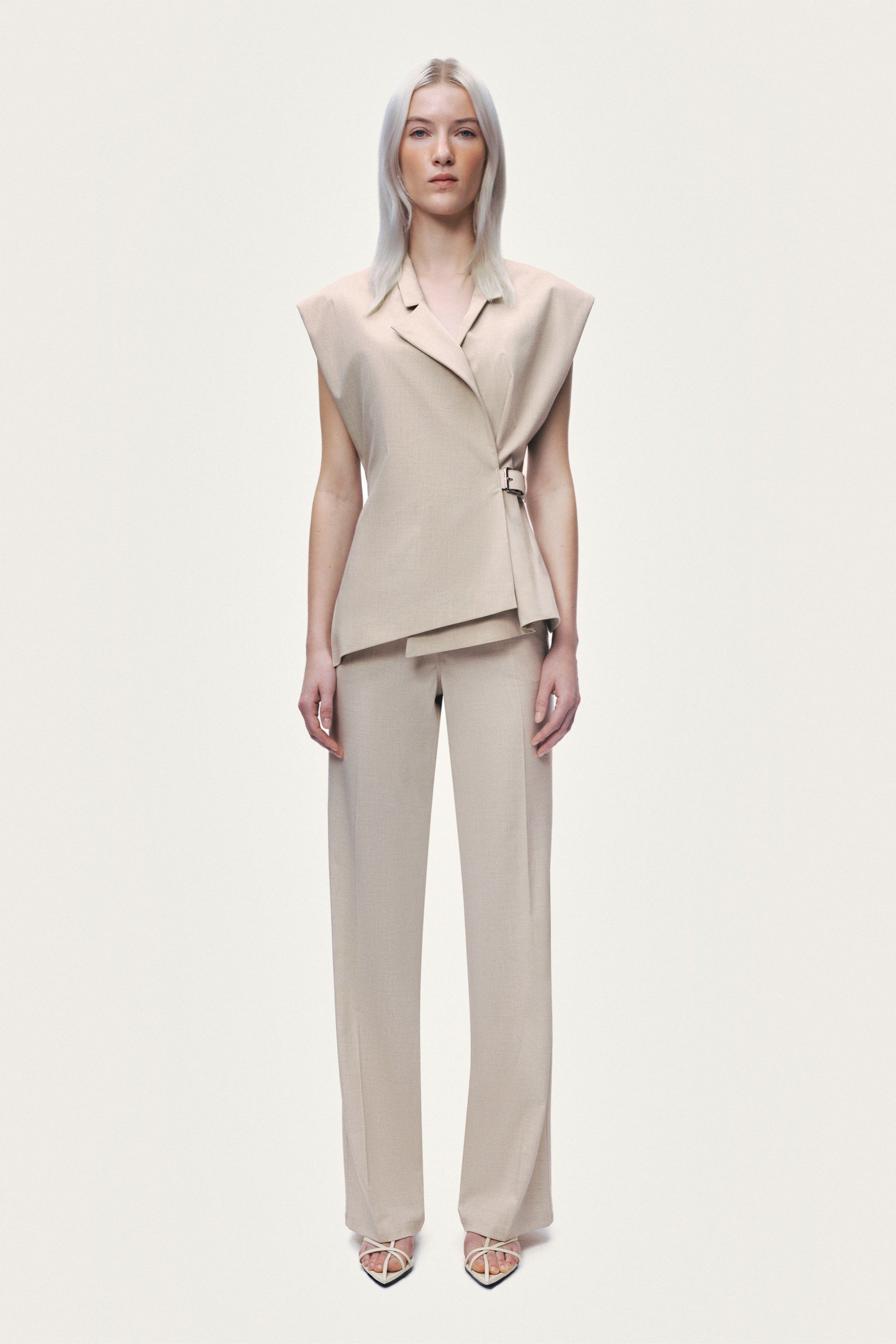 Belted Double-Breasted Sleeveless Woven Vest