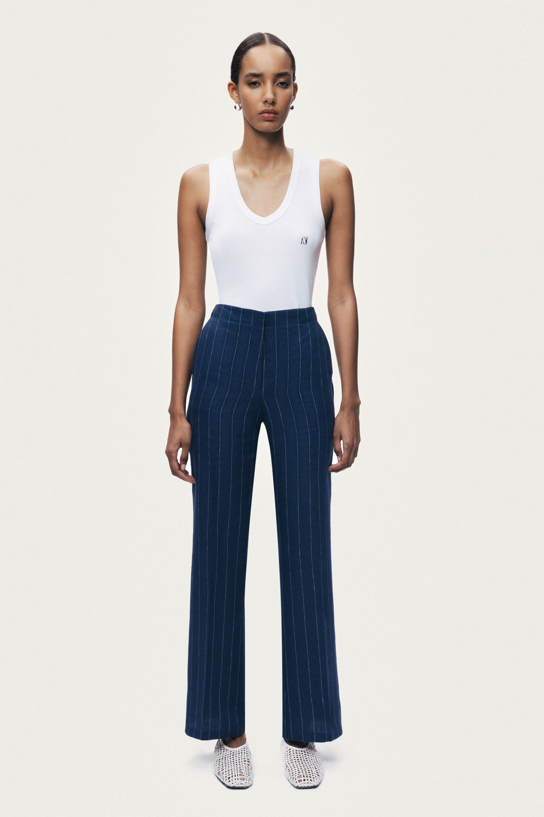 Navy Pinstripe Wide Leg Trousers