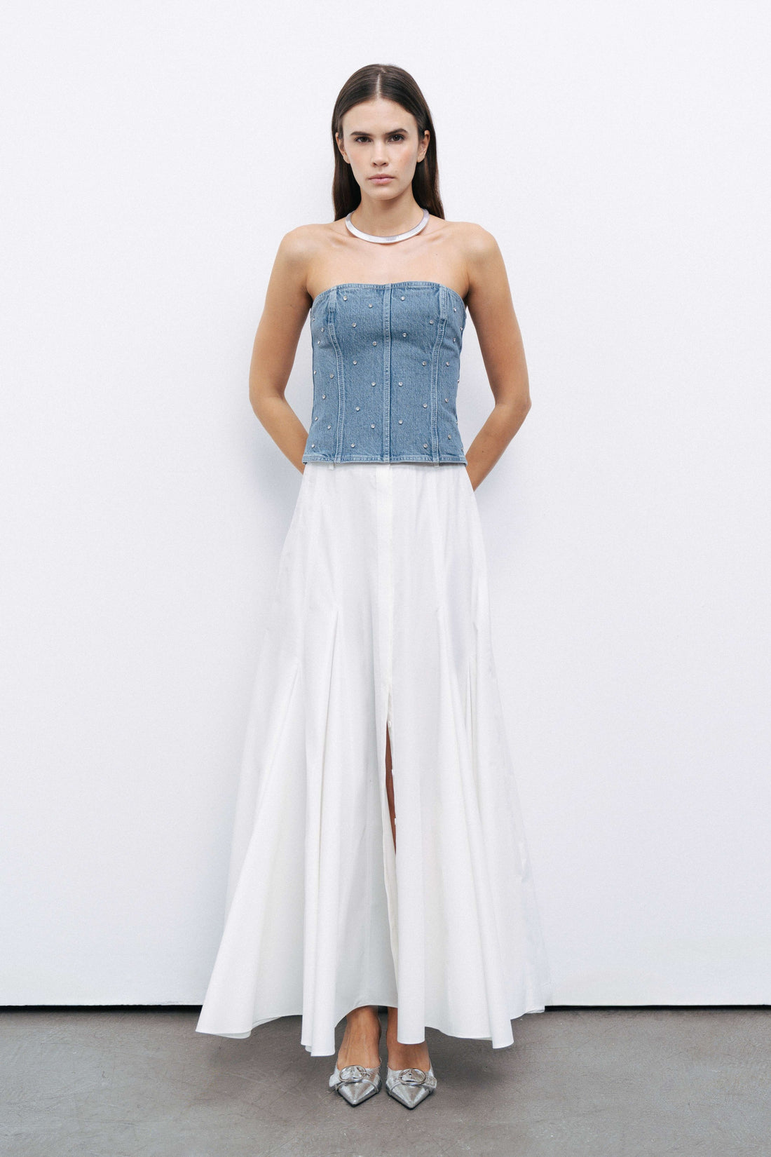 Stoned Strapless Denim Crop Top