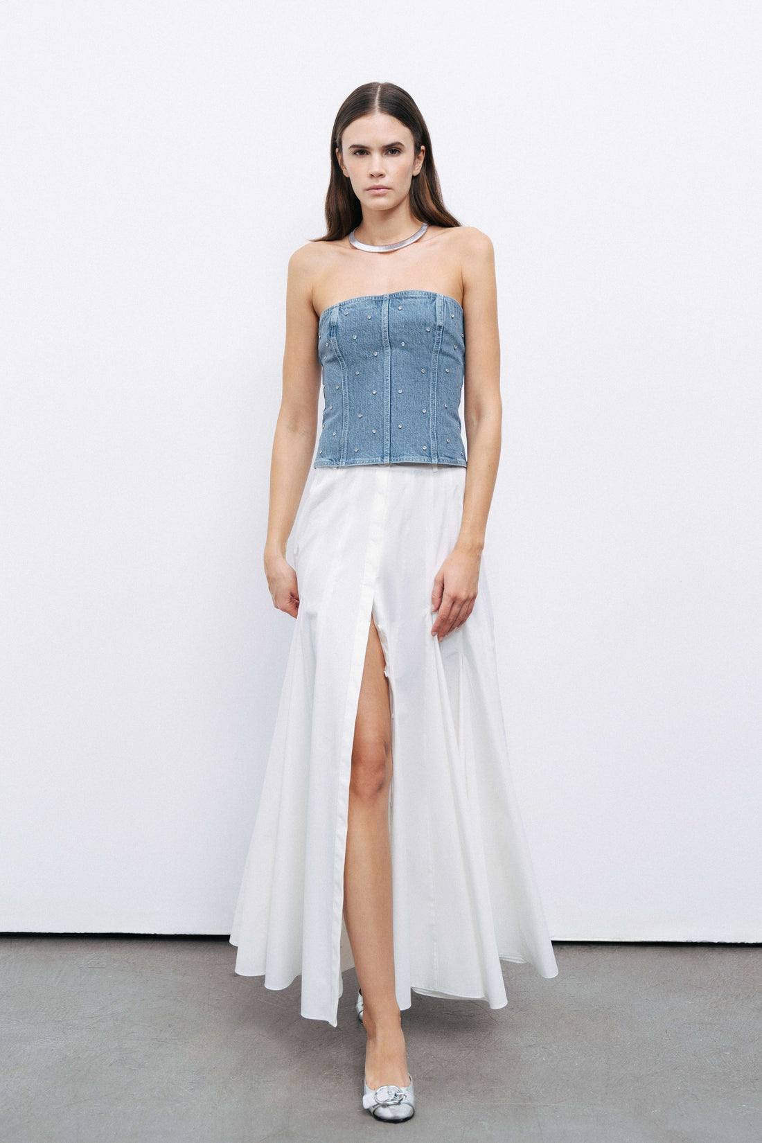 Stoned Strapless Denim Crop Top