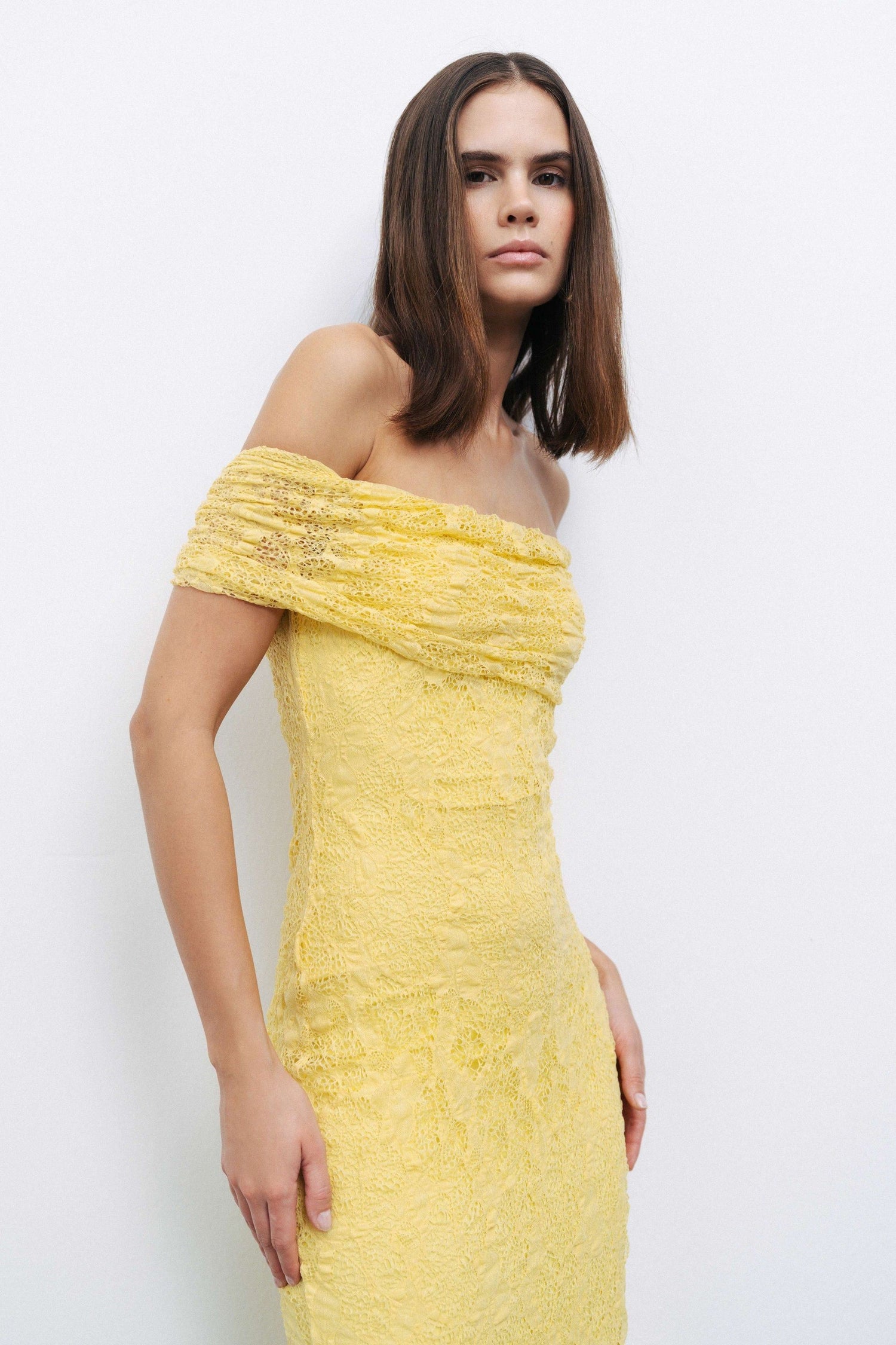 Yellow Off-The-Shoulder Lace Detailed Maxi Dress Nocturne Yellow Off-The-Shoulder Lace Detailed Maxi Dress Nocturne