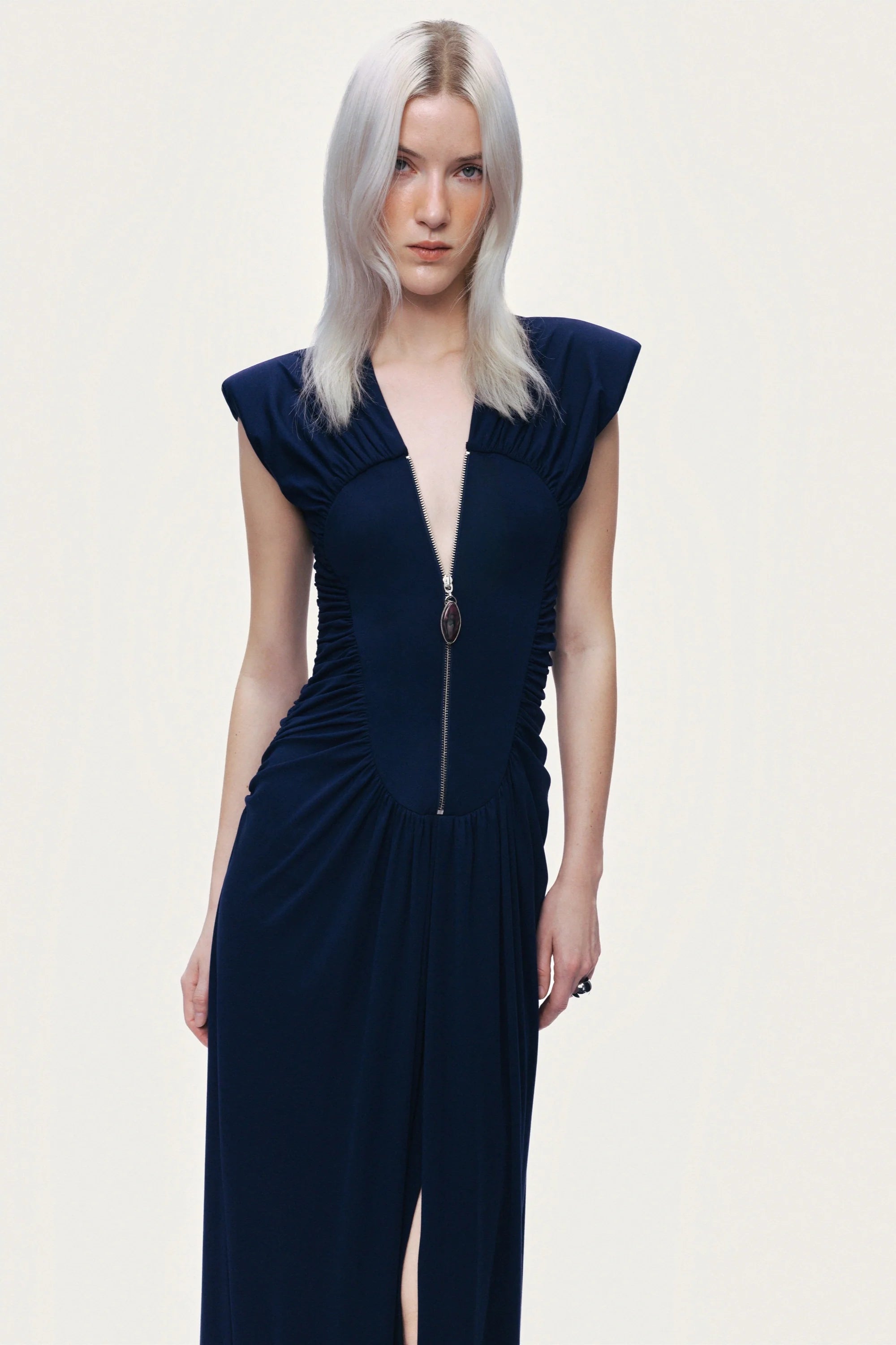 Zip-Front Draped Maxi Dress