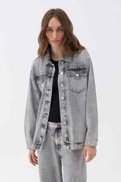 Oversized Stone-Embellished Jean Jacket