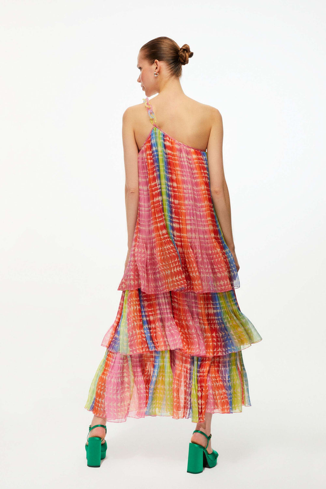 Colorful Patterned Pleated One Sleeve Dress
