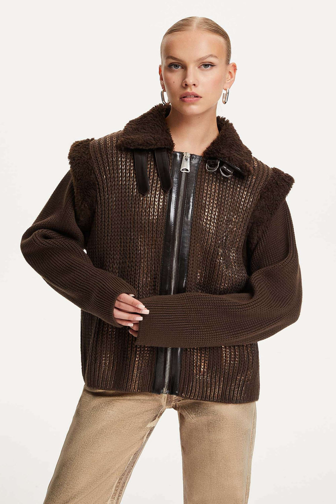 Leather Garnished Knitwear Bomber