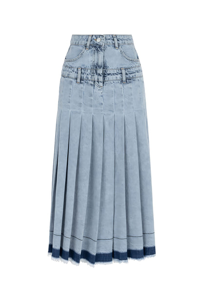 Pleated Long Denim Skirt