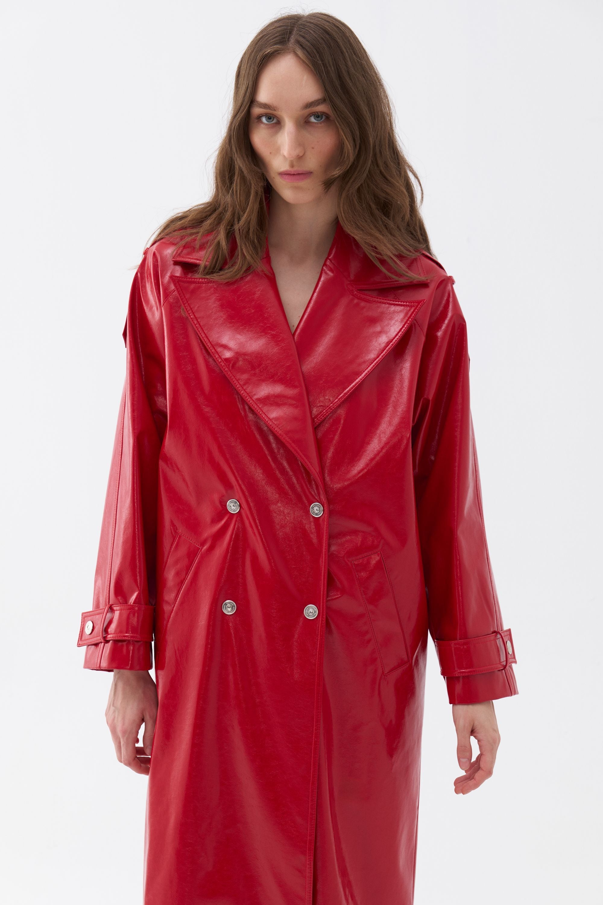 Double Breasted Faux Leather Trench Coat