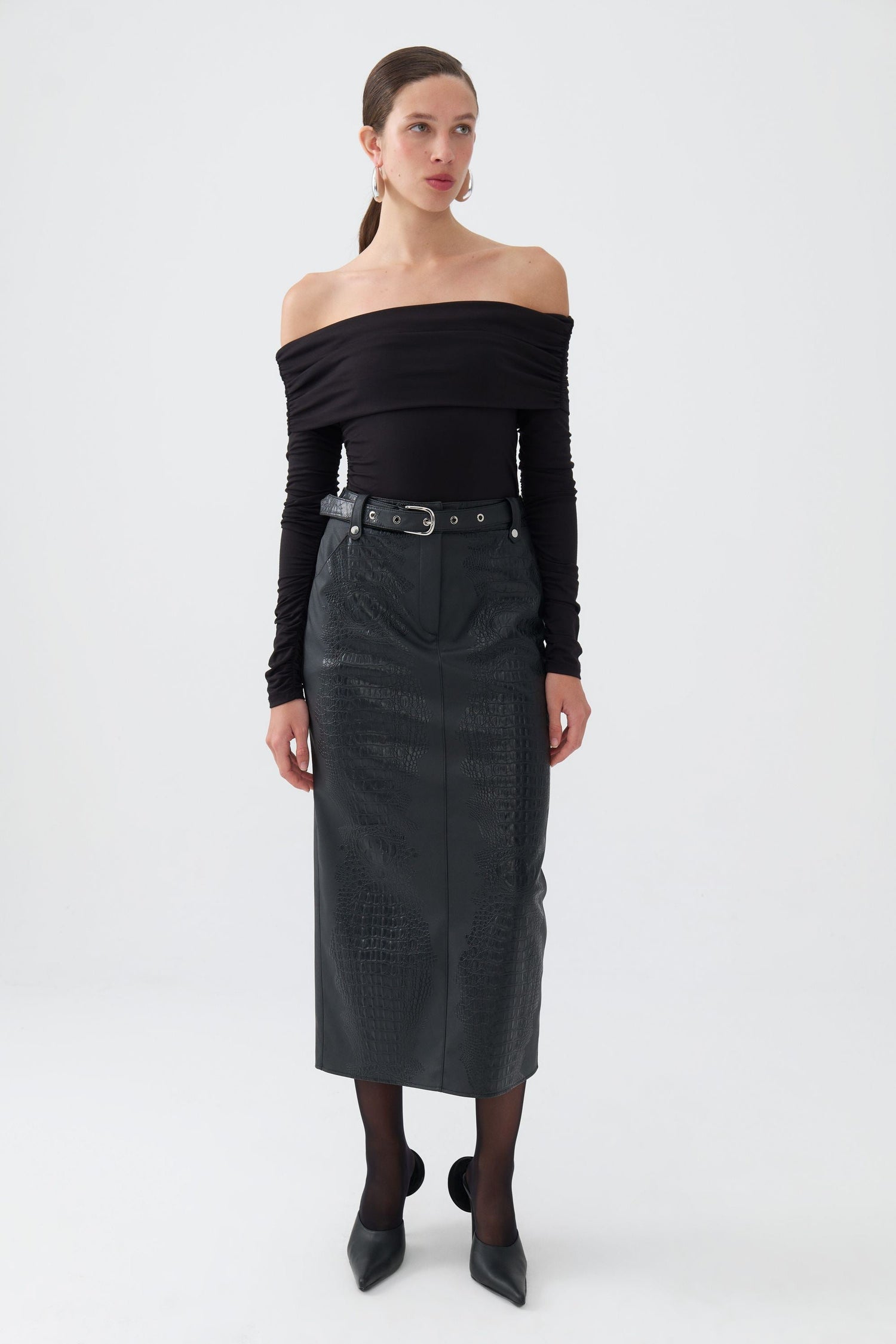 Faux Leather Midi Skirt with Belt