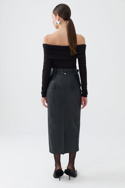 Faux Leather Midi Skirt with Belt