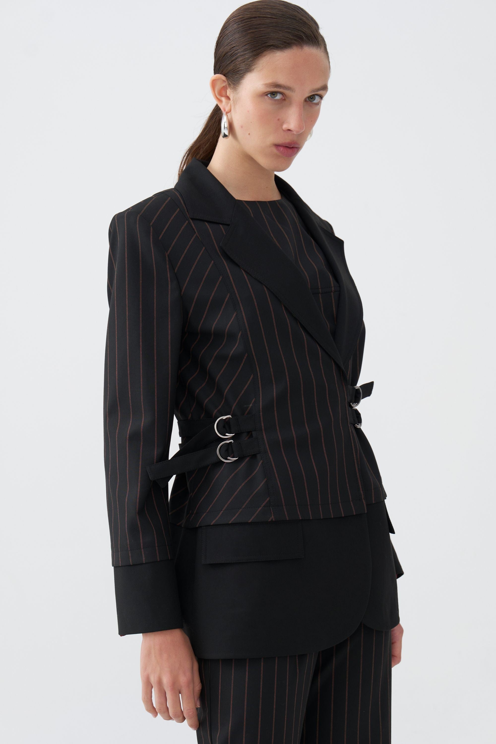 Striped Double Breasted Jacket with Belt Detail