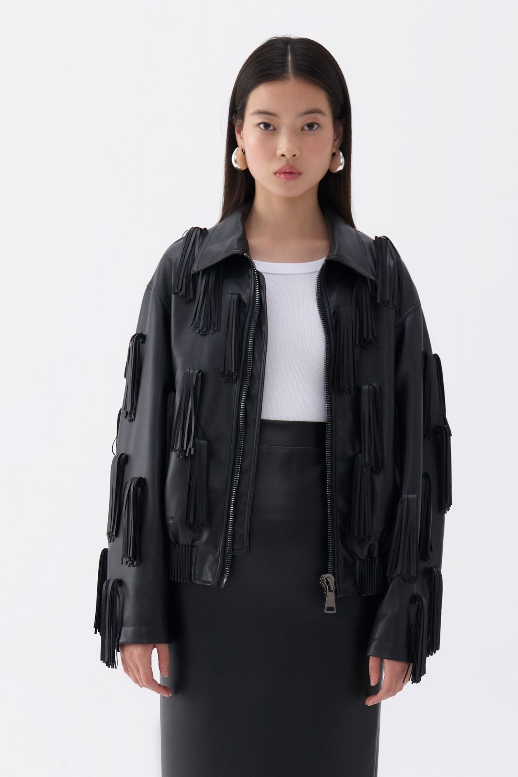 Faux Leather Jacket with Tassel Detail