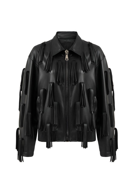 Faux Leather Jacket with Tassel Detail