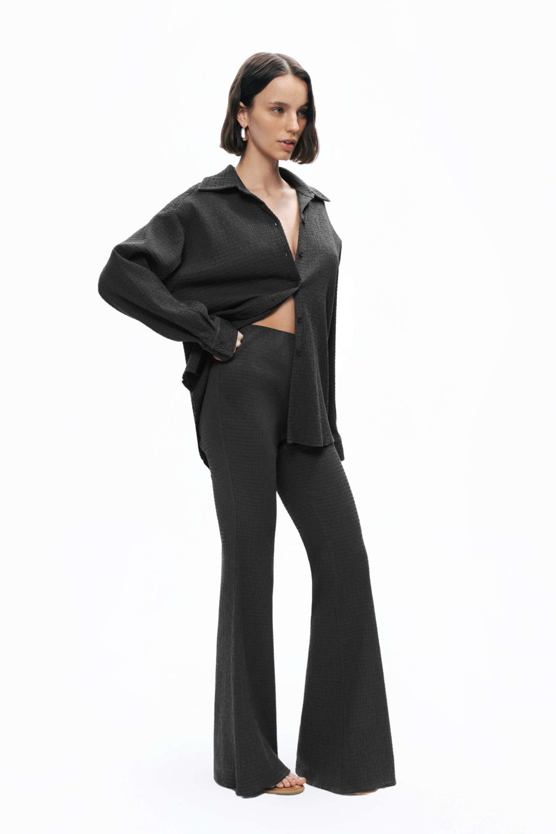 Black Crumpled Fabric Draped Shirt