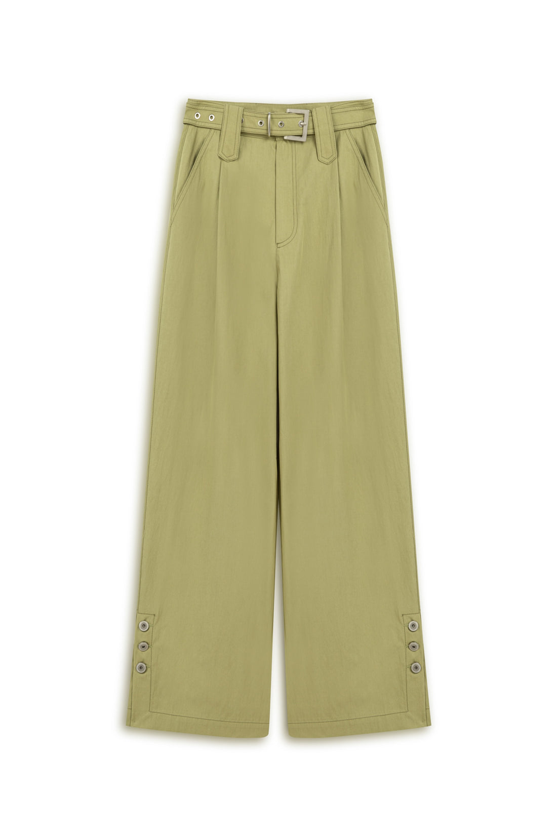 Olive Metal Buckle Detailed Belted Trousers