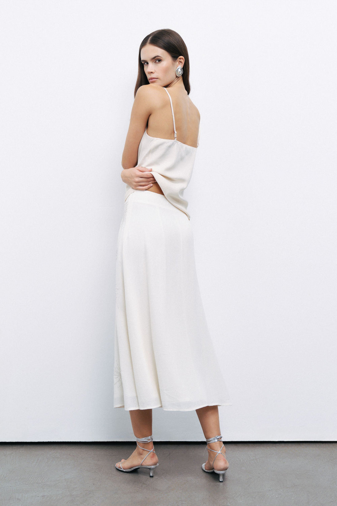 White Beaded Embroidered Midi Skirt