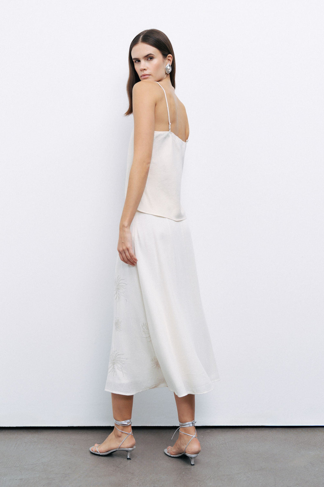 White Beaded Embroidered Midi Skirt