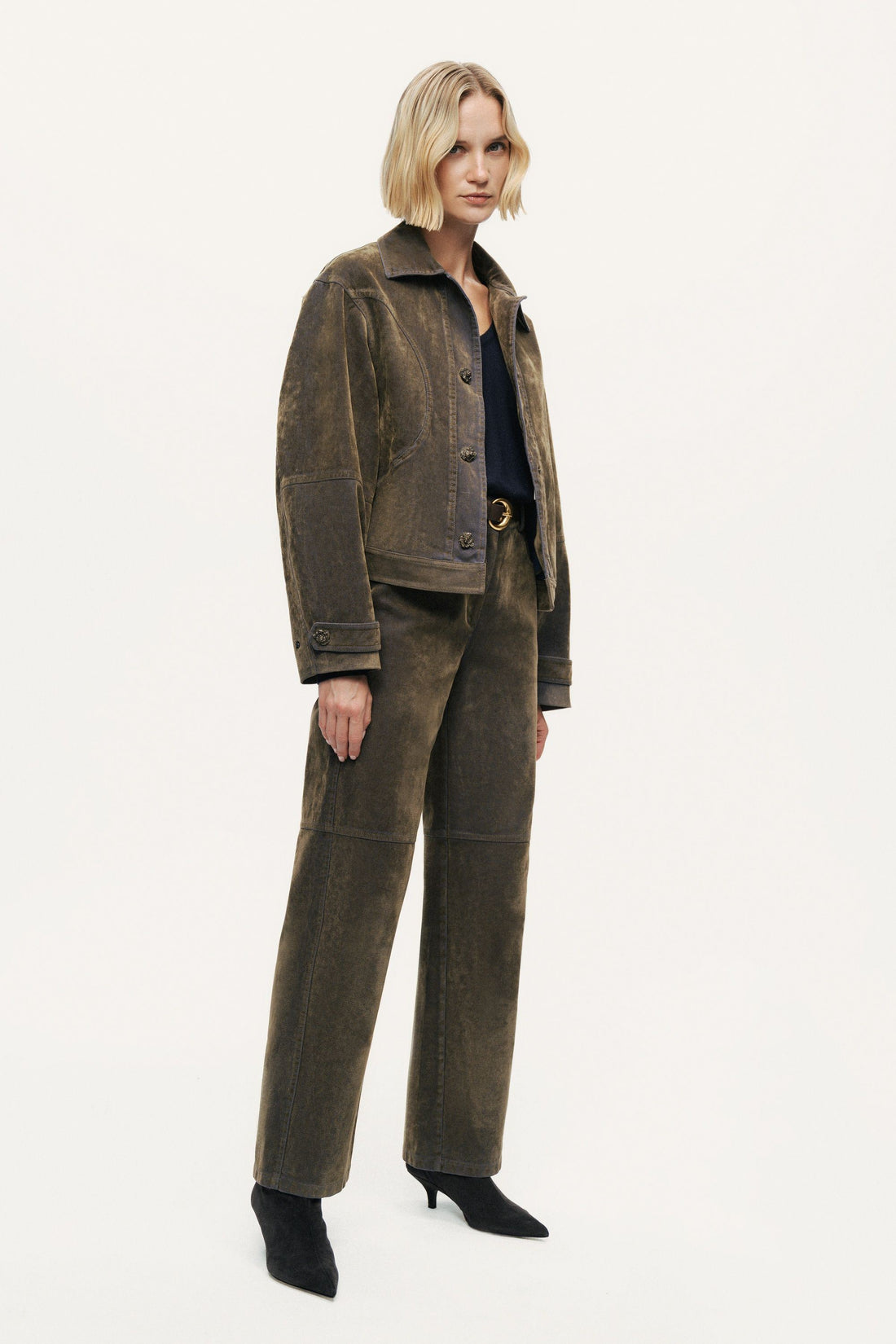 Suede Panel Straight-Leg Pants
