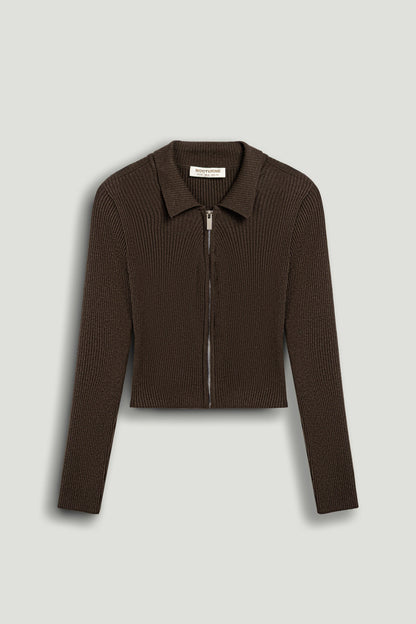 Zip-Front Ribbed Knit Top