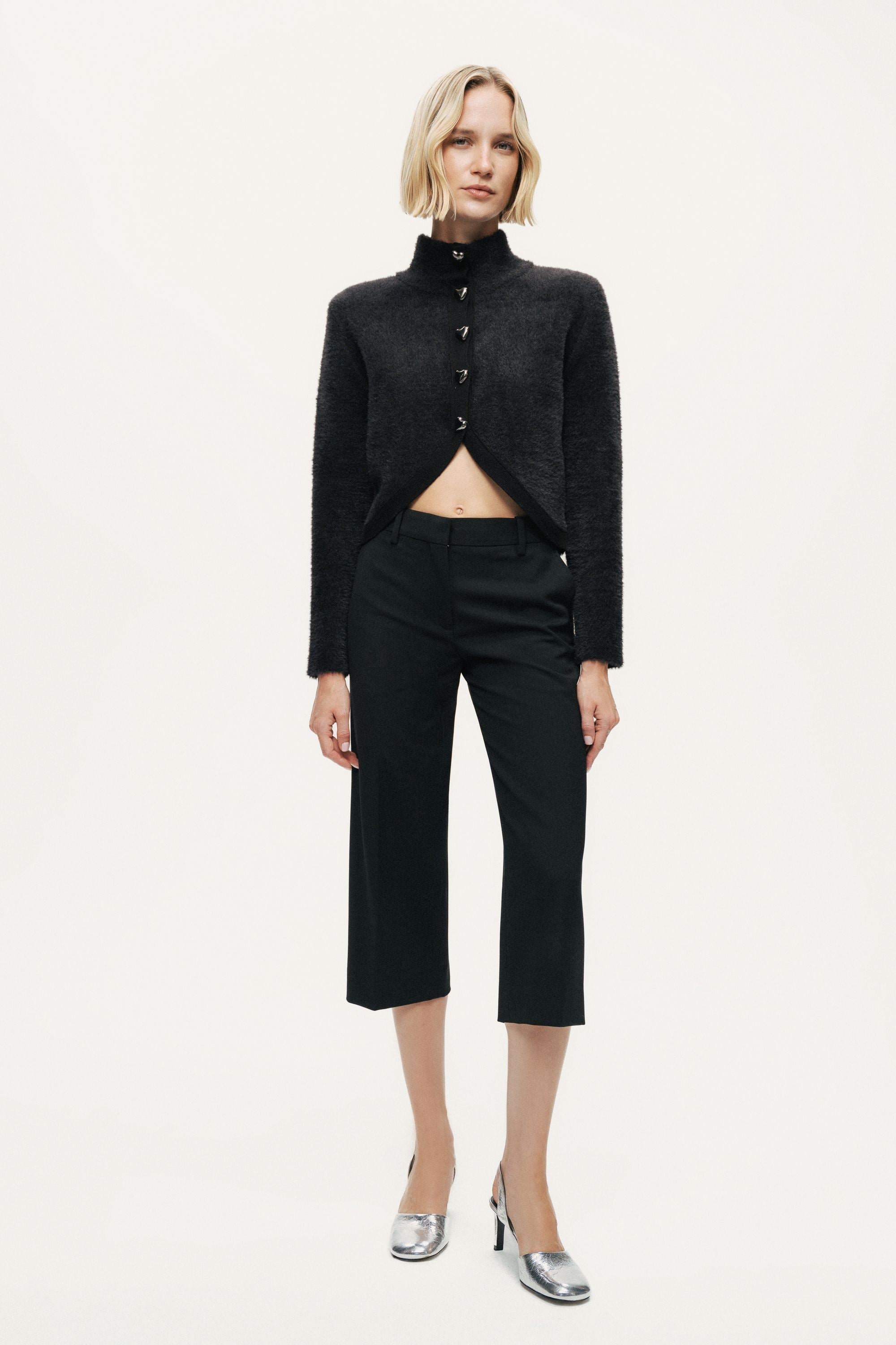 Heart-Button Cutaway Mock-Neck Cardigan