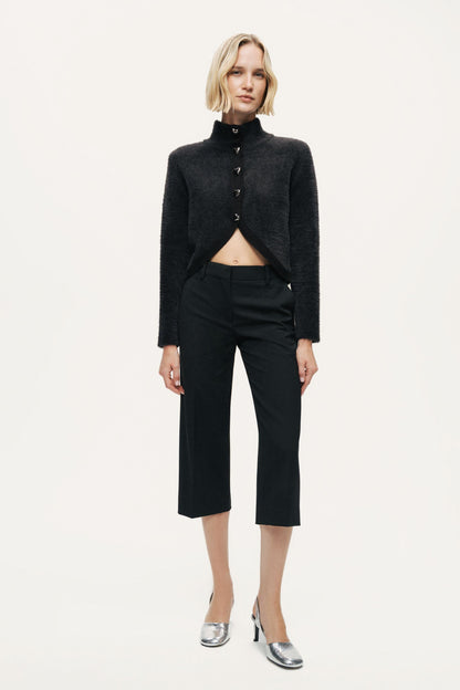 Heart-Button Cutaway Mock-Neck Cardigan