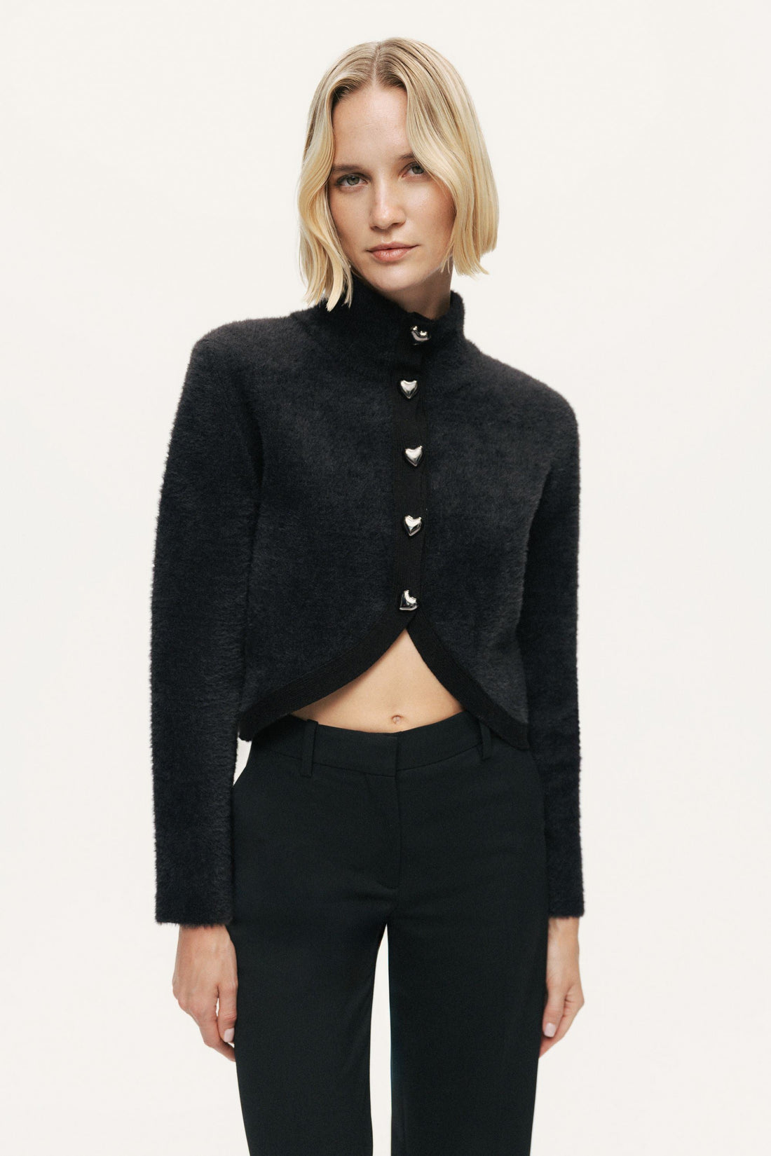 Heart-Button Cutaway Mock-Neck Cardigan