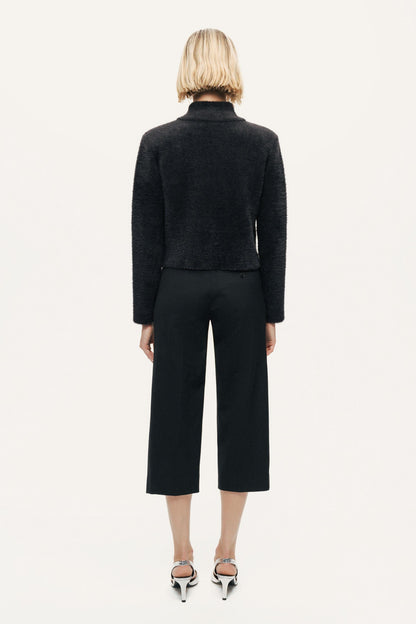 Heart-Button Cutaway Mock-Neck Cardigan