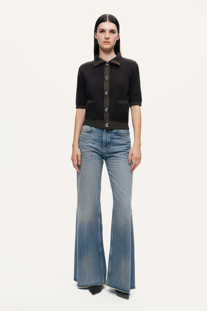 Contrast-Trim Short-Sleeve Cardigan