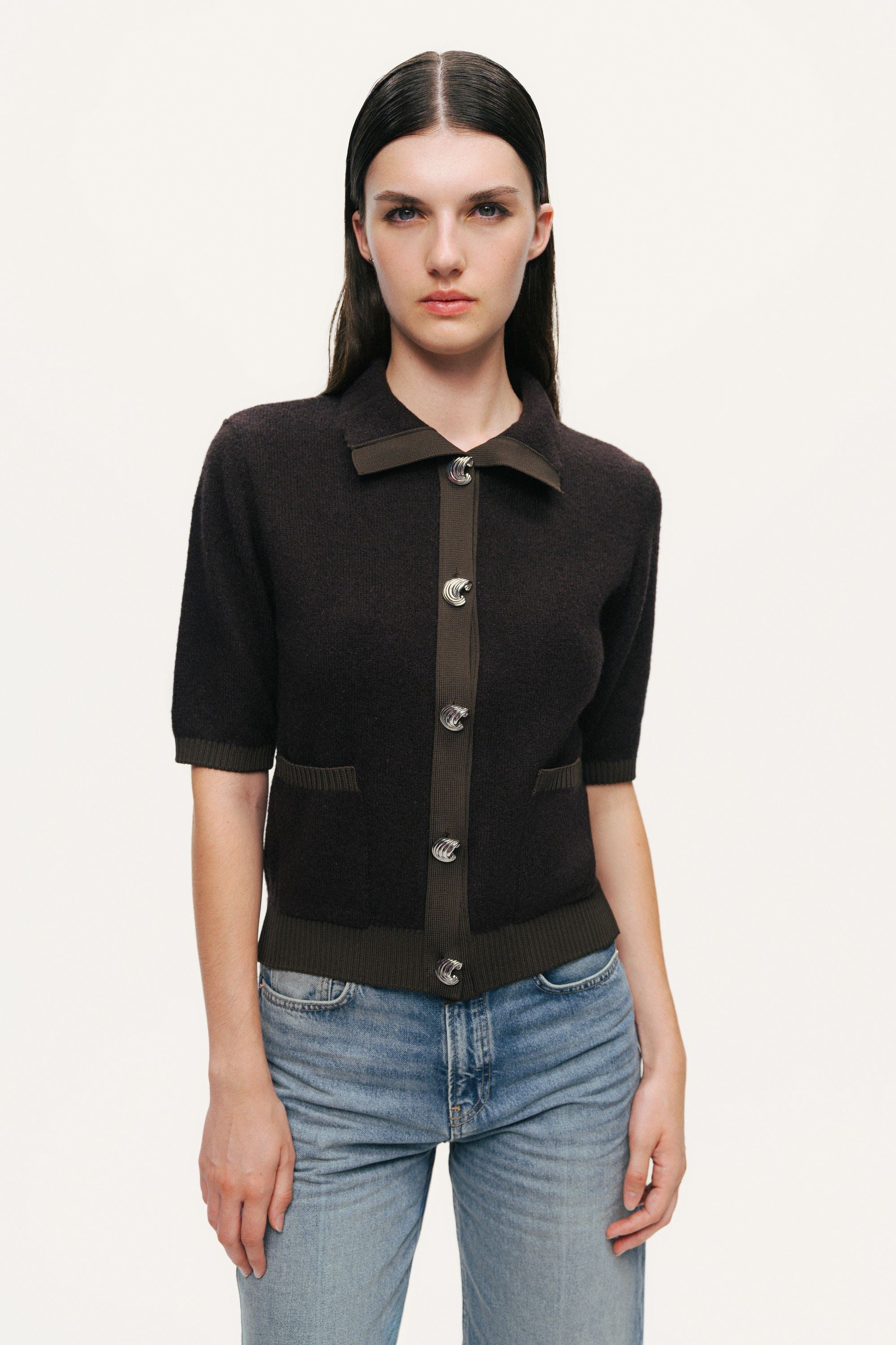 Contrast-Trim Short-Sleeve Cardigan