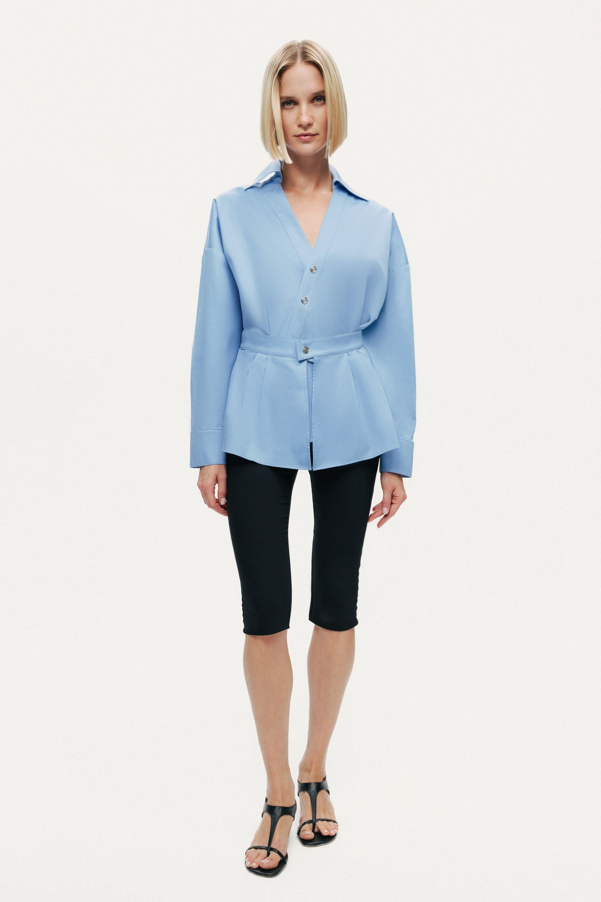 Belted V-Neck Poplin Shirt