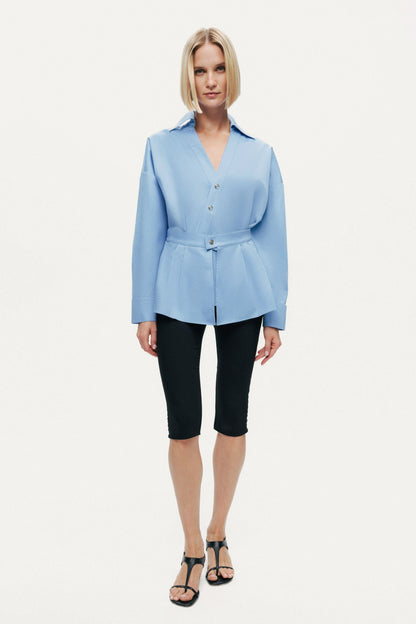 Belted V-Neck Poplin Shirt