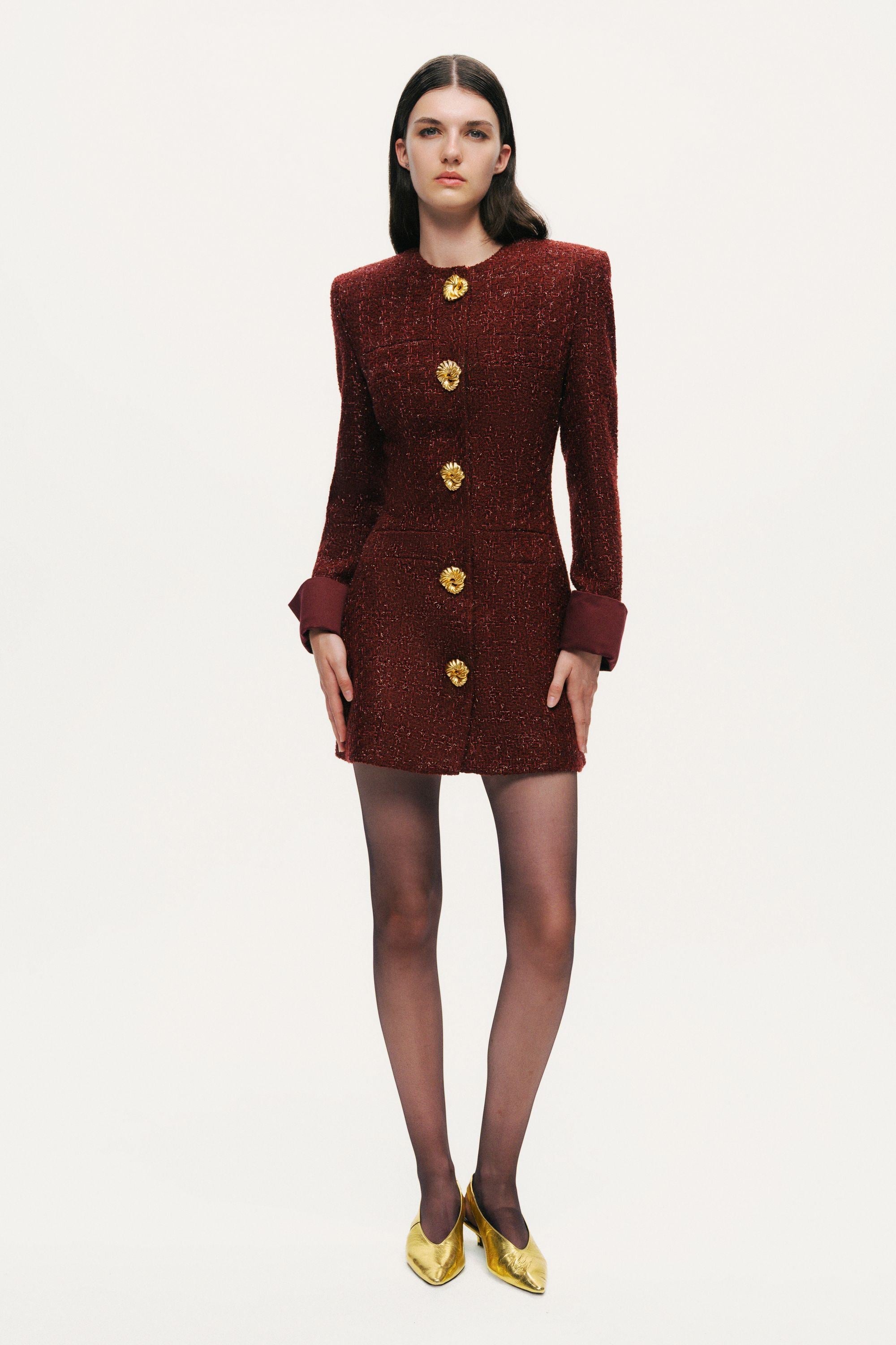 Gold-Button Bouclé Mini Dress – Nocturne