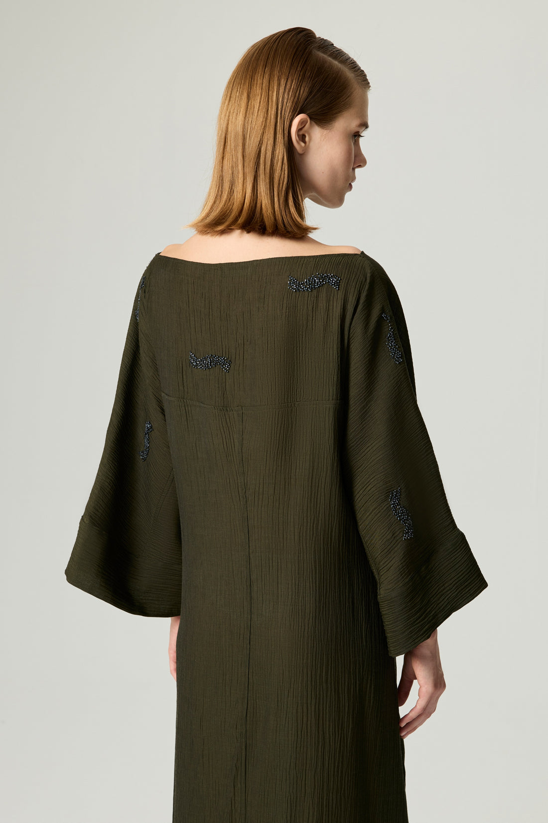 Embroidered Crinkle-Knit Kimono Maxi Dress