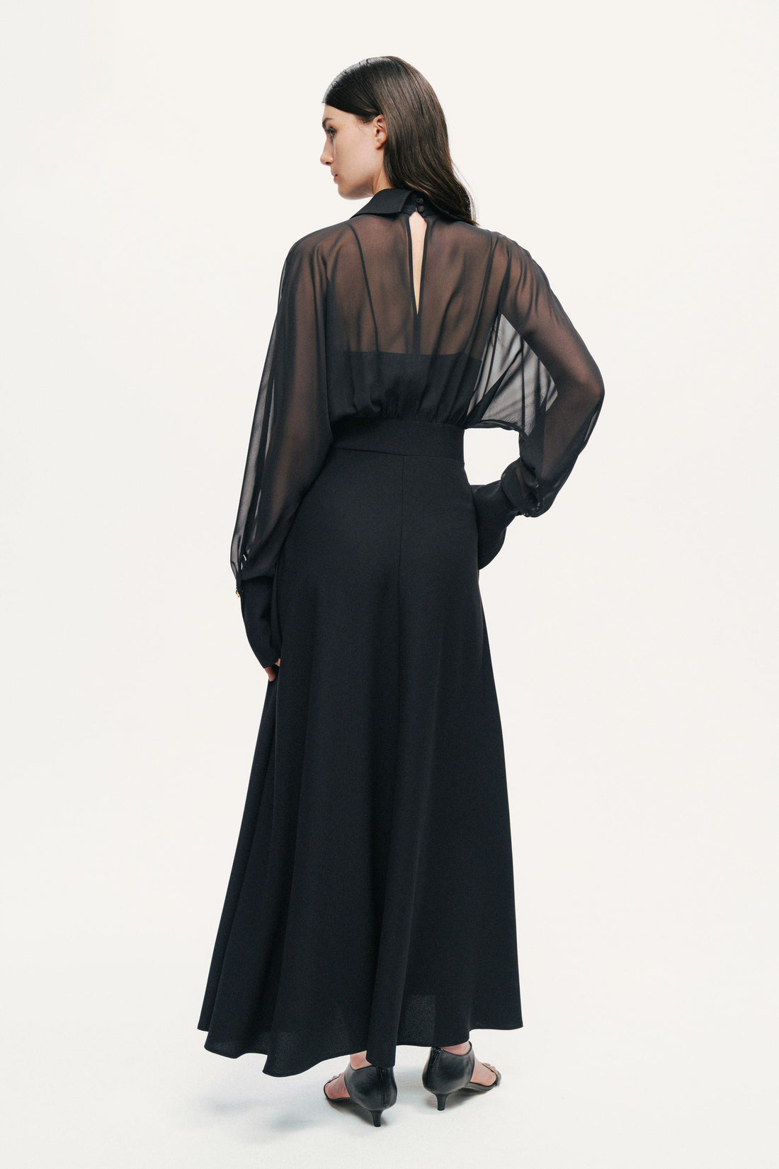Sheer Lace-Up Waist Maxi Shirt Dress