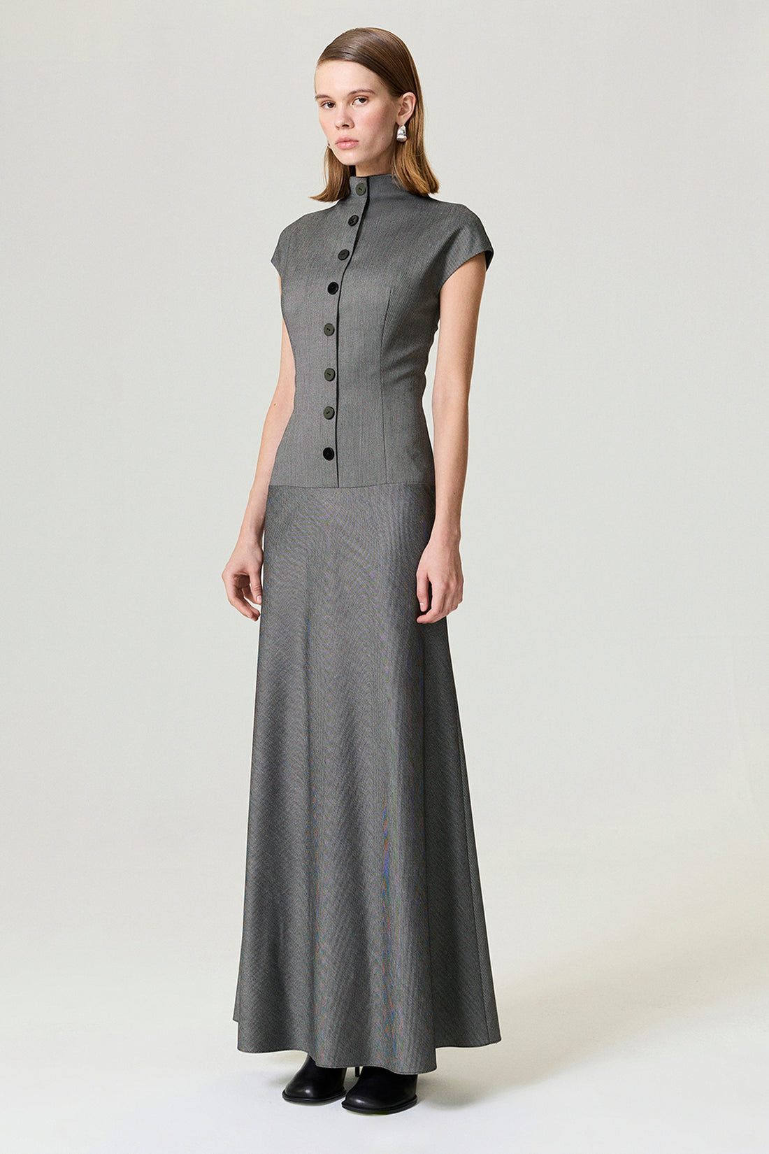 Button Accent High Neck Maxi Dress