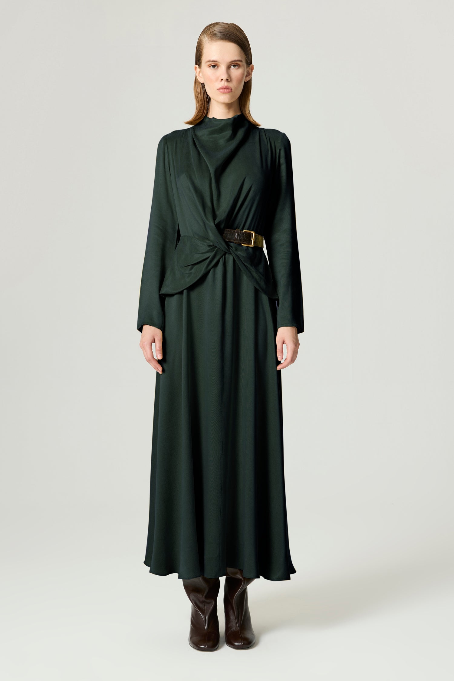 belted long sleeve maxi dress Olive Belted Long Sleeve Maxi Dress