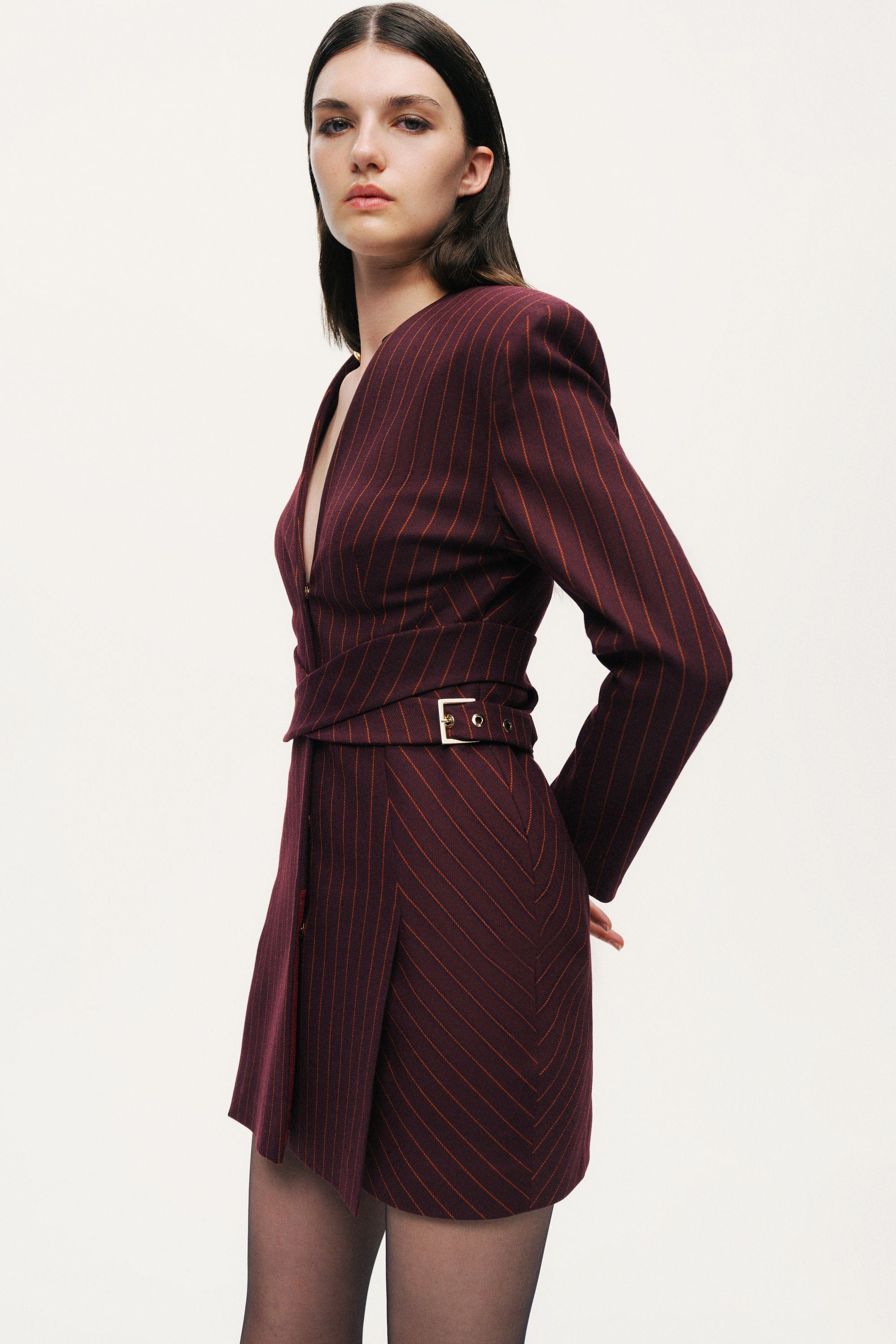 Tailored Pinstripe Wrap-Waist Mini Dress