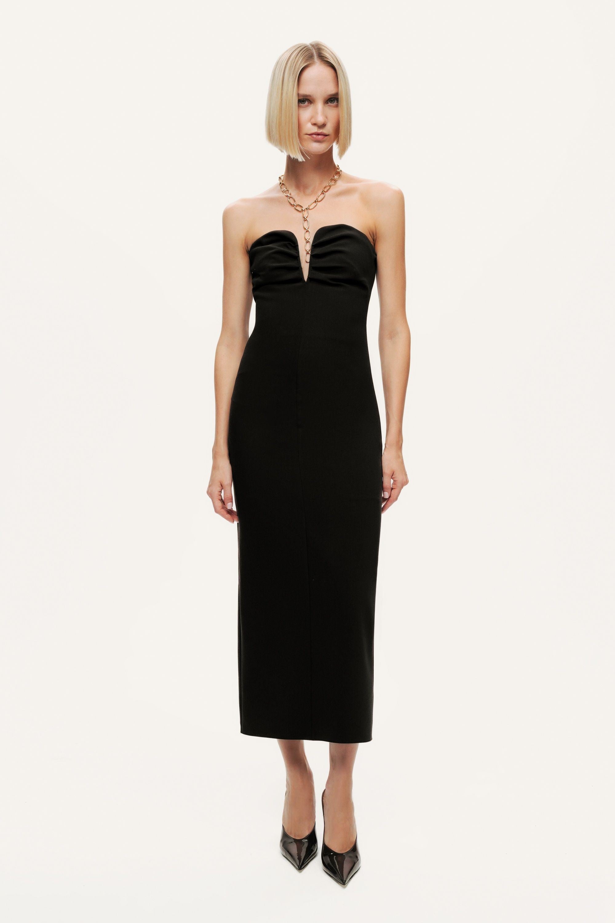 asymmetric corset dress Chocolate Neck Tie Slit Maxi Size:38LH+ color_name_Black A Woman in Dark Terani 262M7254 Collection