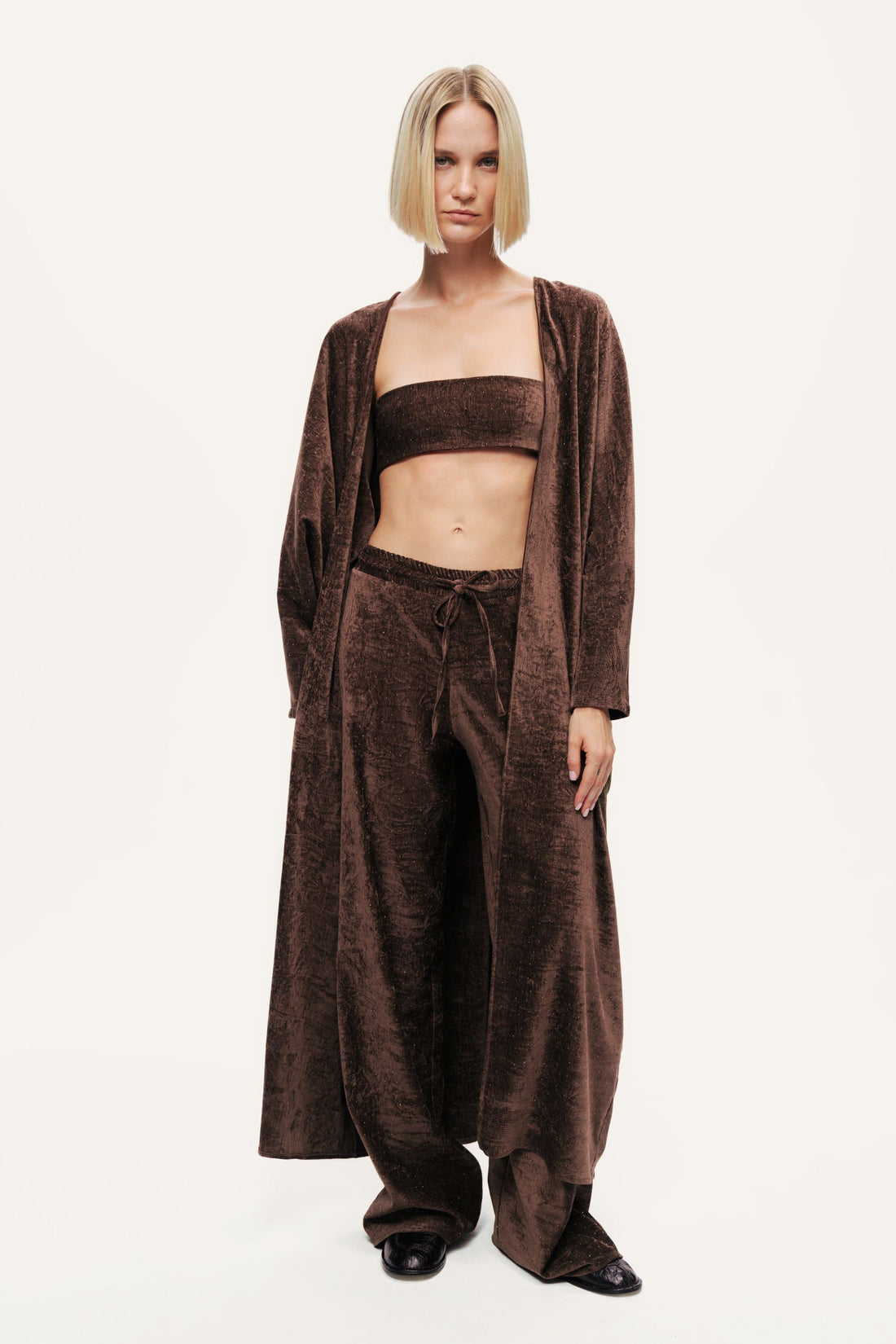 Velour Drawstring Wide-Leg Pants