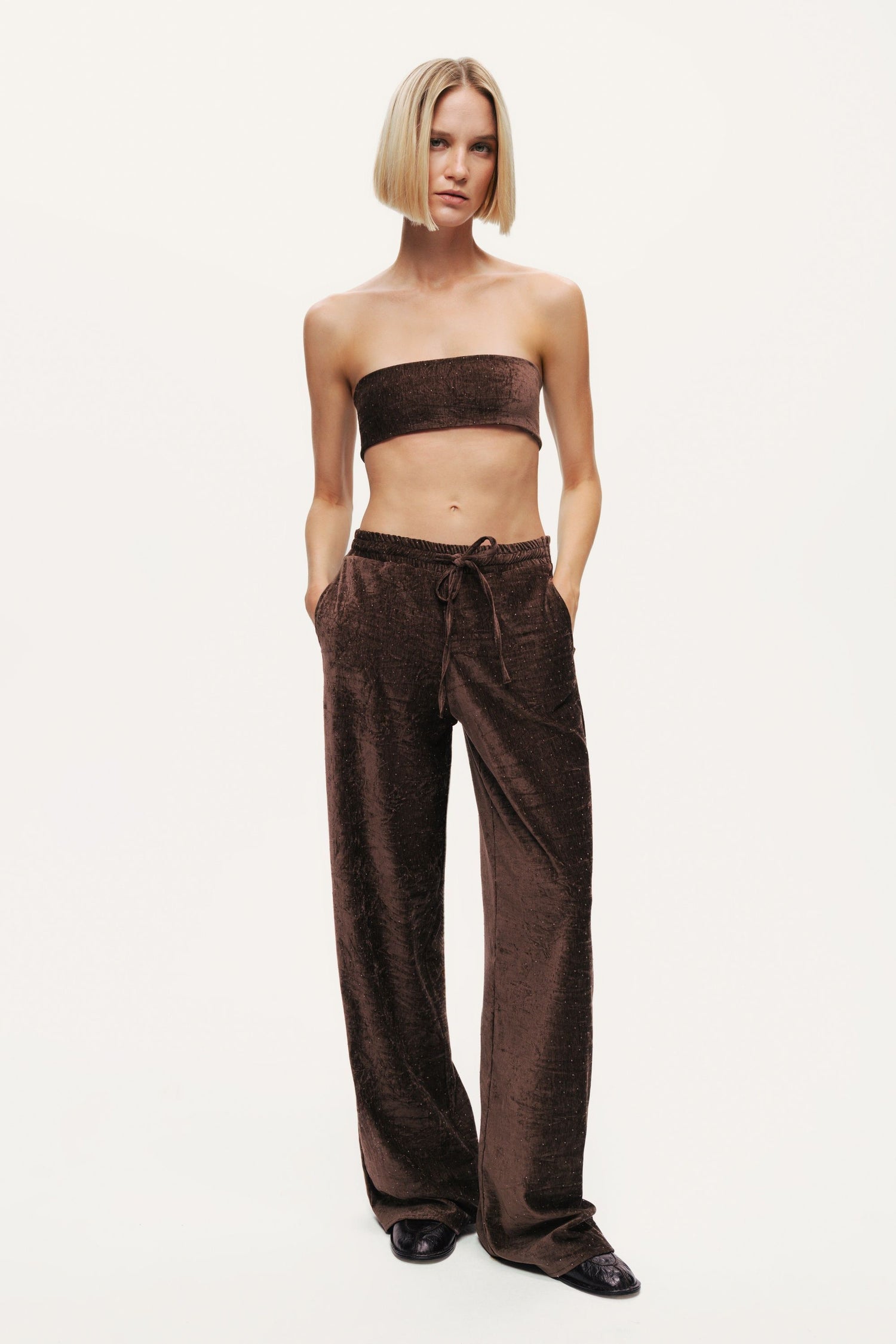 Velour Drawstring Wide-Leg Pants