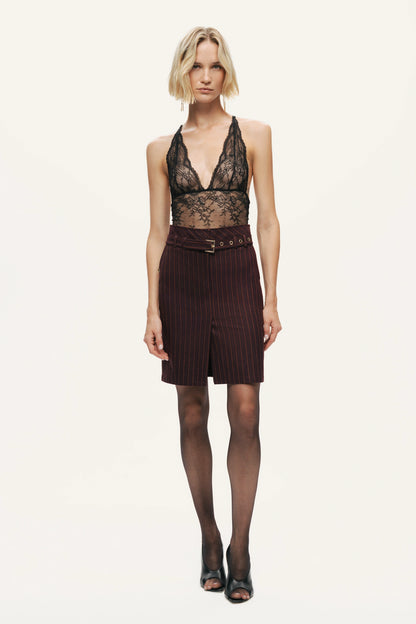 Pinstripe Belted Pencil Skirt