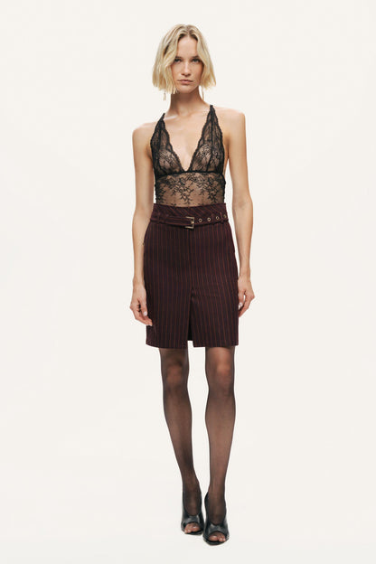 Pinstripe Belted Pencil Skirt